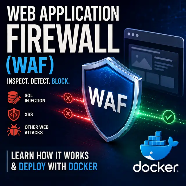 Square tutorial infographic explaining how a Web Application Firewall inspects HTTP/HTTPS traffic to block attacks such as SQL injection and XSS, with steps for deploying a WAF using Docker, ModSecurity, and OWASP CRS.