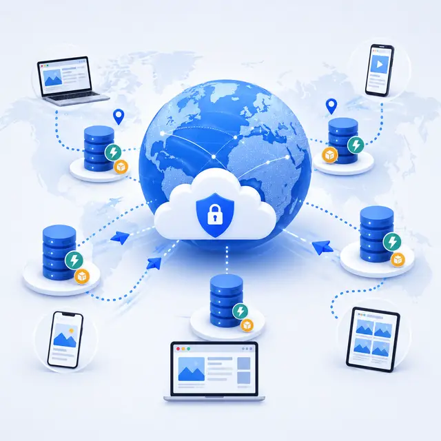 A content delivery network distributing cached web content from global edge servers to users on laptops, phones, and tablets.