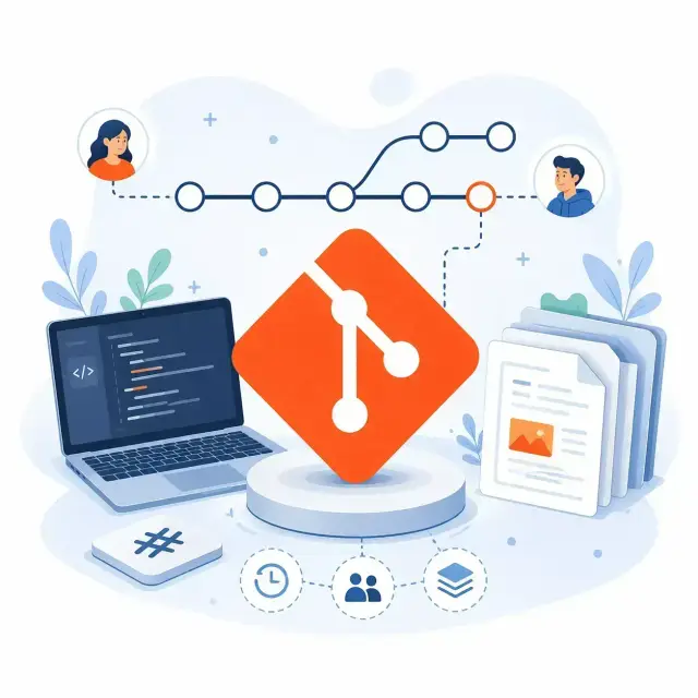 Clean article cover illustration showing the Git logo, commit history branches, code on a laptop, project files, hashes.