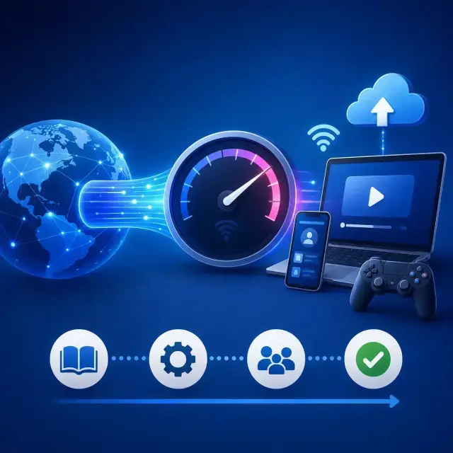 Internet bandwidth with a central speed gauge, flowing data, connected devices, cloud transfer, and online use cases.