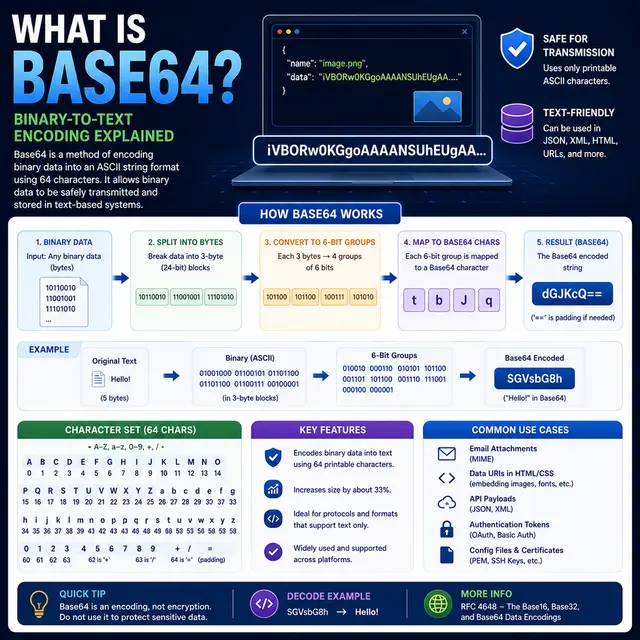 Base64 encoding, with binary data converted into printable text for use in web, email, APIs, and configuration files.