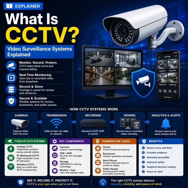 A CCTV video surveillance system with security cameras, live monitoring screens, mobile viewing, recording, analytics.