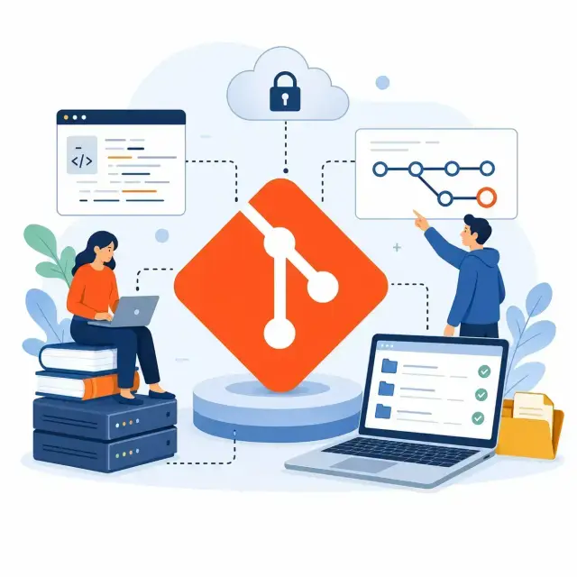 Clean Git explainer illustration featuring the Git logo, branching workflow diagrams, code windows, cloud storage, laptops.