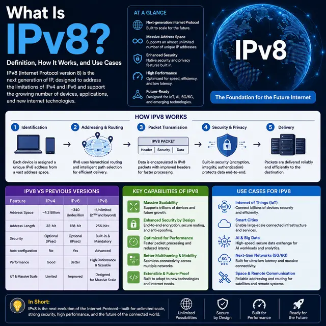 IPv8 as a future internet protocol concept, with global connectivity, large-scale addressing, secure routing.