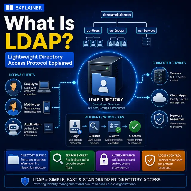 An LDAP directory organizing users, groups, and services, with authentication, directory queries, access control.