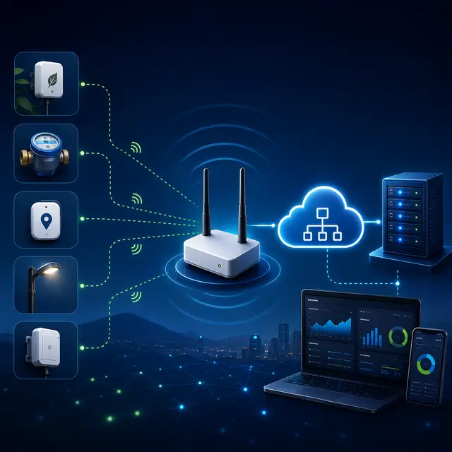 A LoRaWAN network connecting long-range, low-power IoT sensors to a gateway, cloud network server.