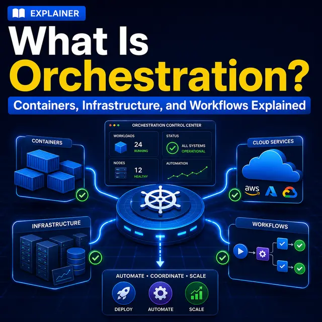 Orchestration coordinating containers, infrastructure, cloud services.