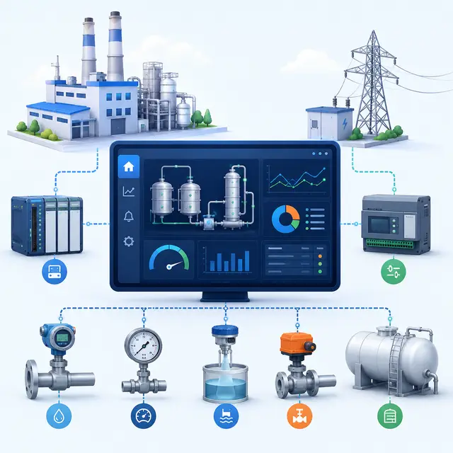 A SCADA system monitoring and controlling industrial equipment, sensors, PLCs, power infrastructure.