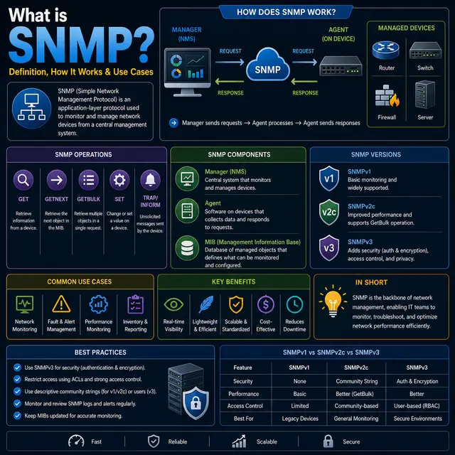 Alt text: Premium dark IT explainer illustration showing an SNMP monitoring hub connected to network devices, servers.