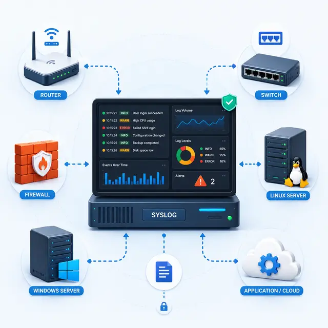A Syslog server collecting and analyzing logs from routers, switches, firewalls, Windows and Linux servers.