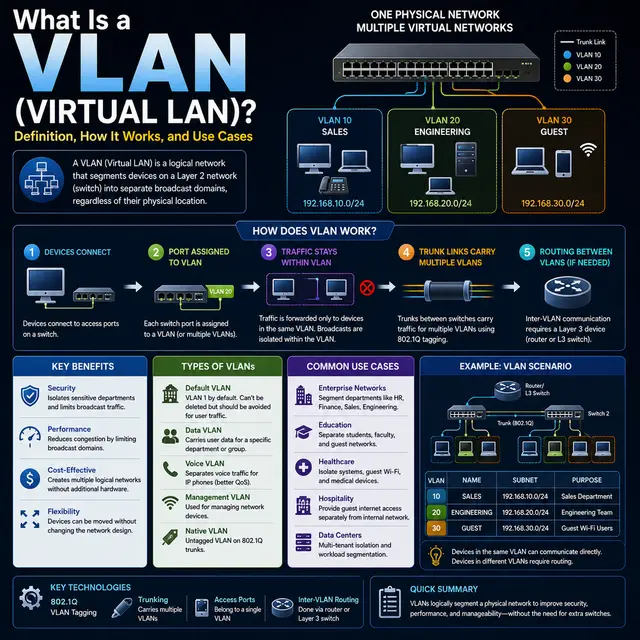 Abstract network visualization showing connected devices and switches with visual separation into different virtual LAN.