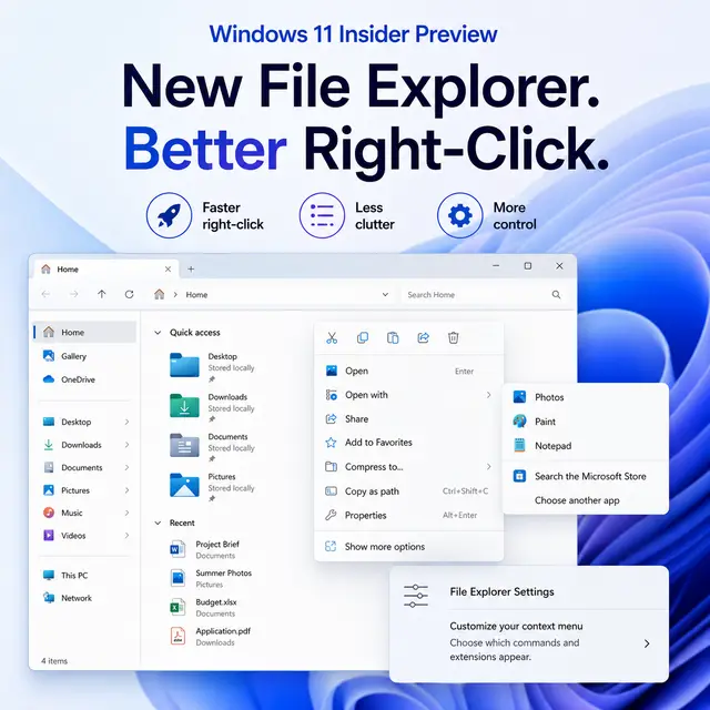 Windows 11 Insider Preview cover showing a redesigned File Explorer and streamlined right-click context menu.