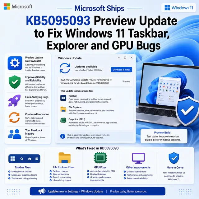 Windows 11 infographic announcing Microsoft’s KB5095093 preview update, highlighting fixes for taskbar issues.