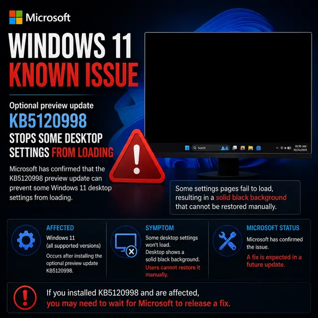 Square Windows 11 news cover warning that the optional KB5120998 preview update can prevent desktop settings from loading and leave users with a solid black background that cannot be restored manually.