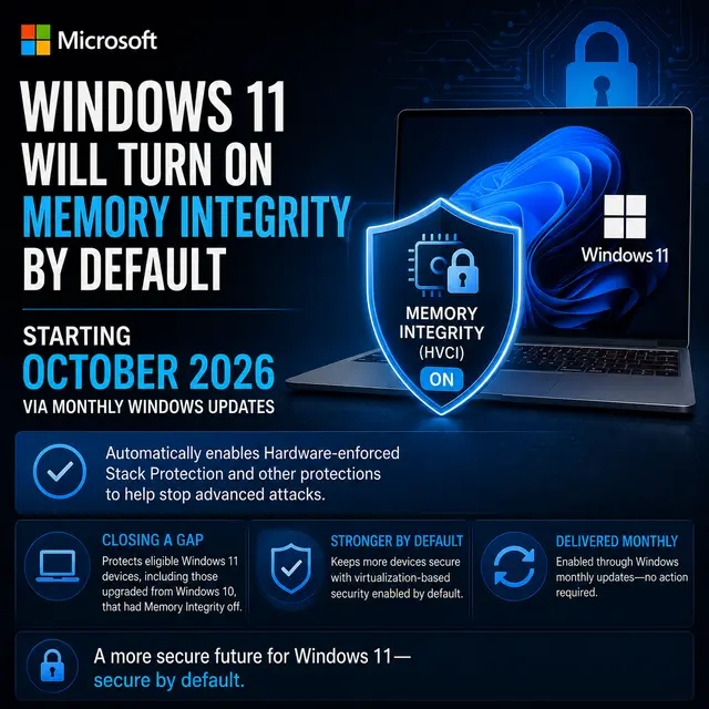 Square Windows 11 news cover announcing that Microsoft will enable Memory Integrity (HVCI) by default on eligible PCs through monthly Windows updates starting in October 2026, including devices upgraded from Windows 10.