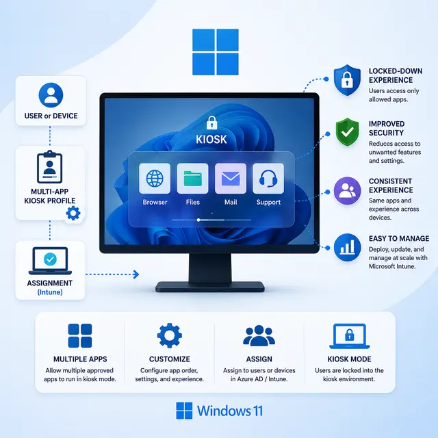 A Windows 11 multi-app kiosk profile assigned through Microsoft Intune, with approved apps, user or device targeting.