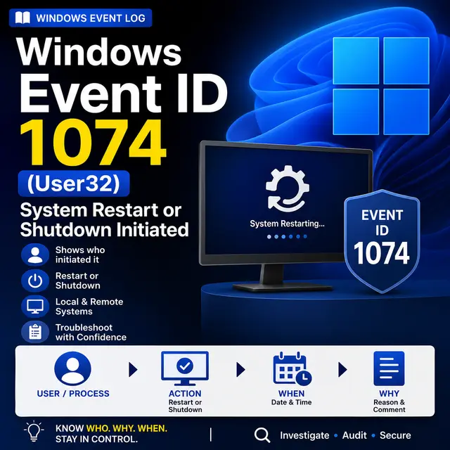 Windows Event ID 1074 (User32), showing a system restart or shutdown initiated by a user or process.