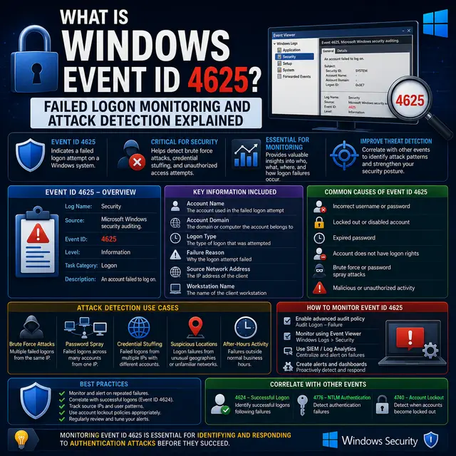 Windows Event ID 4625 for failed logon attempts, with Event Viewer, account errors, brute-force detection.