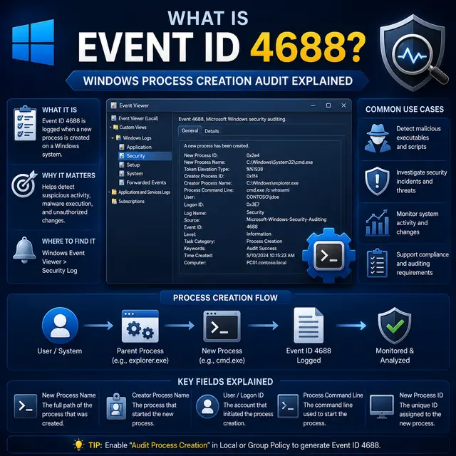 Windows Event ID 4688 for process creation auditing, with Event Viewer, command execution, parent and child processes.