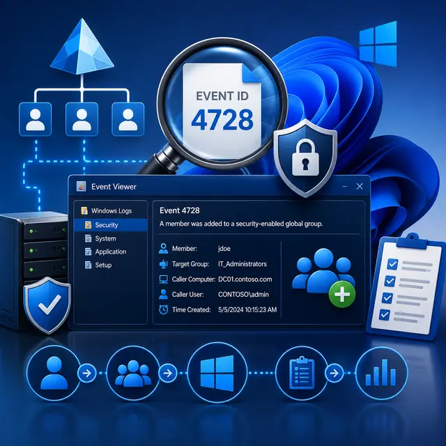Windows Event ID 4728 for a user added to a security-enabled global group, with Active Directory, Event Viewer, auditing.