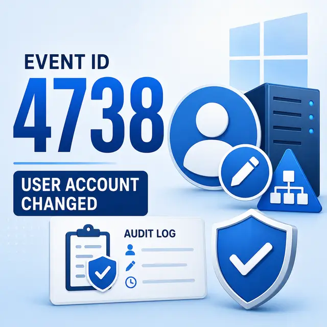 Windows Event ID 4738, indicating that a user account was changed, with account editing, audit logging, Active Directory.