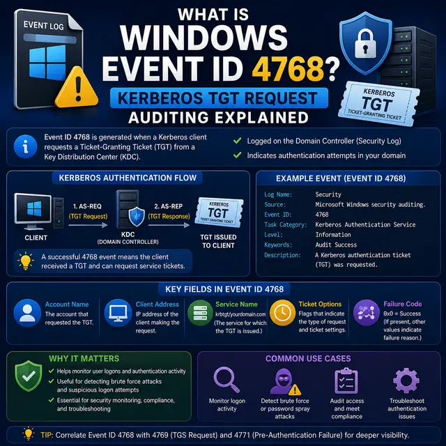 Windows Event ID 4768 for a Kerberos Ticket-Granting Ticket request, with a client, domain controller, authentication flow.