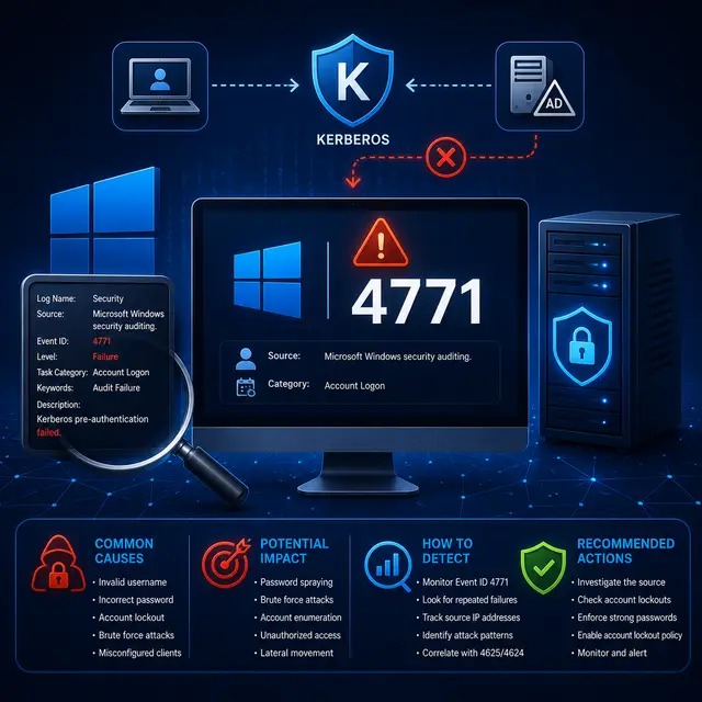 Windows Event ID 4771 for a failed Kerberos pre-authentication attempt, with Active Directory, account logon, warning.