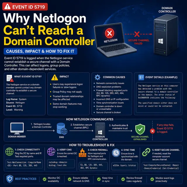 Windows Event ID 5719, where the Netlogon service cannot establish a secure channel with a domain controller, with DNS.