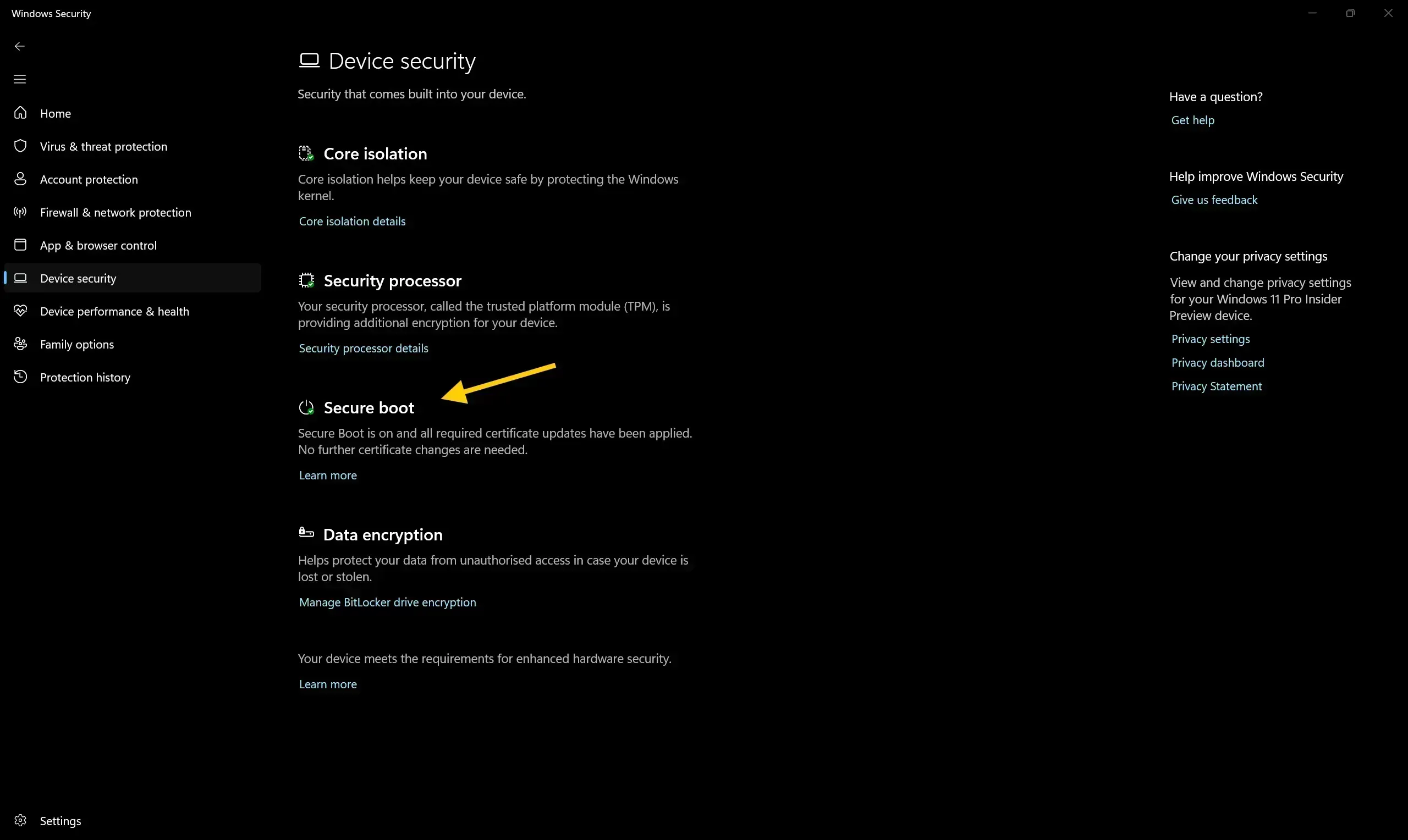 Windows Security Device security page showing the Secure Boot status badge