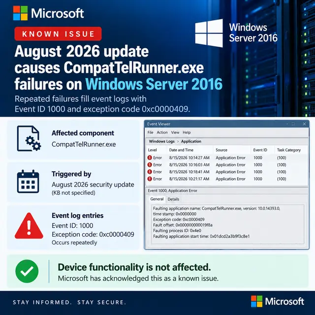 Square Microsoft news cover warning that the August 2026 security update causes repeated CompatTelRunner.exe crashes on Windows Server 2016, generating Event ID 1000 and exception code 0xc0000409, while device functionality remains unaffected.